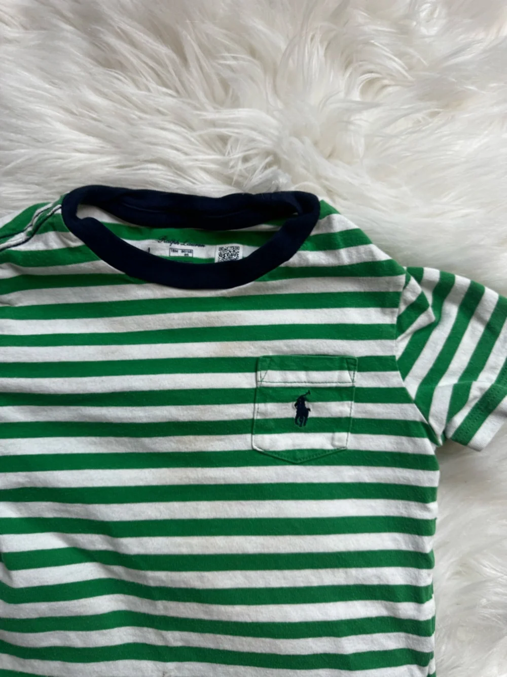 Ralph Lauren Green & White Striped Pocket Tee with Navy Trim